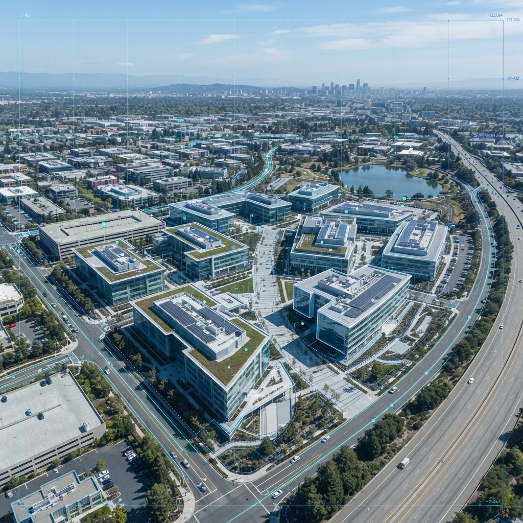 Aerial view of commercial infrastructure with geospatial data overlays