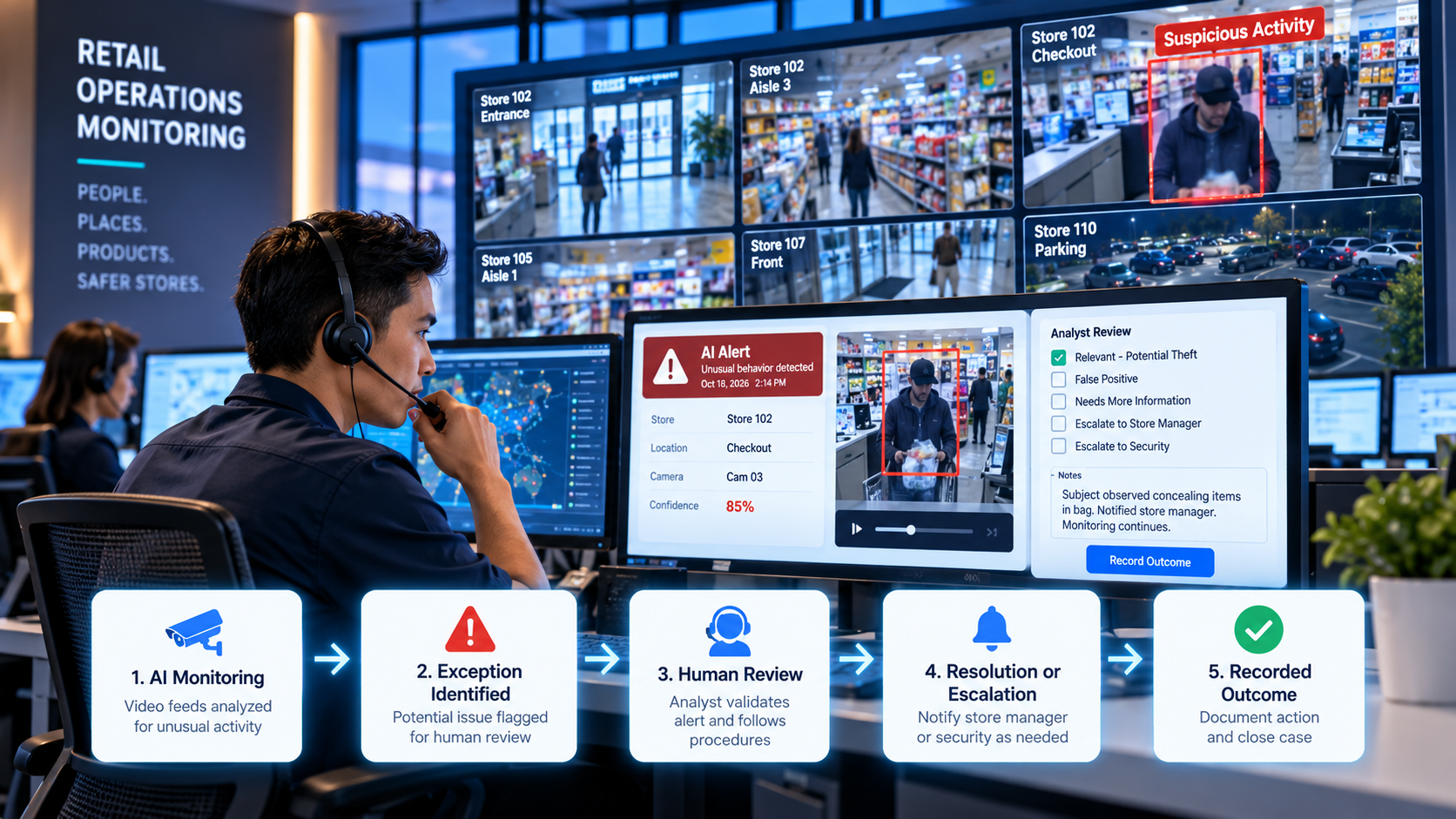 Illustrative retail operations monitoring scenario: video analytics flag unusual activity for a human analyst, who validates the alert and escalates it through approved procedures.