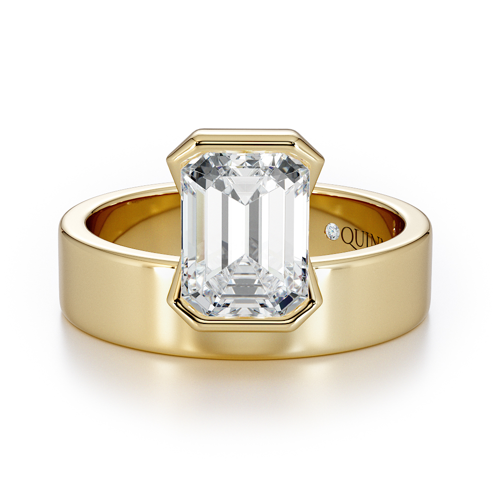 Emerald cut lab-grown diamond engagement ring, Emerald Bezel Wide Band