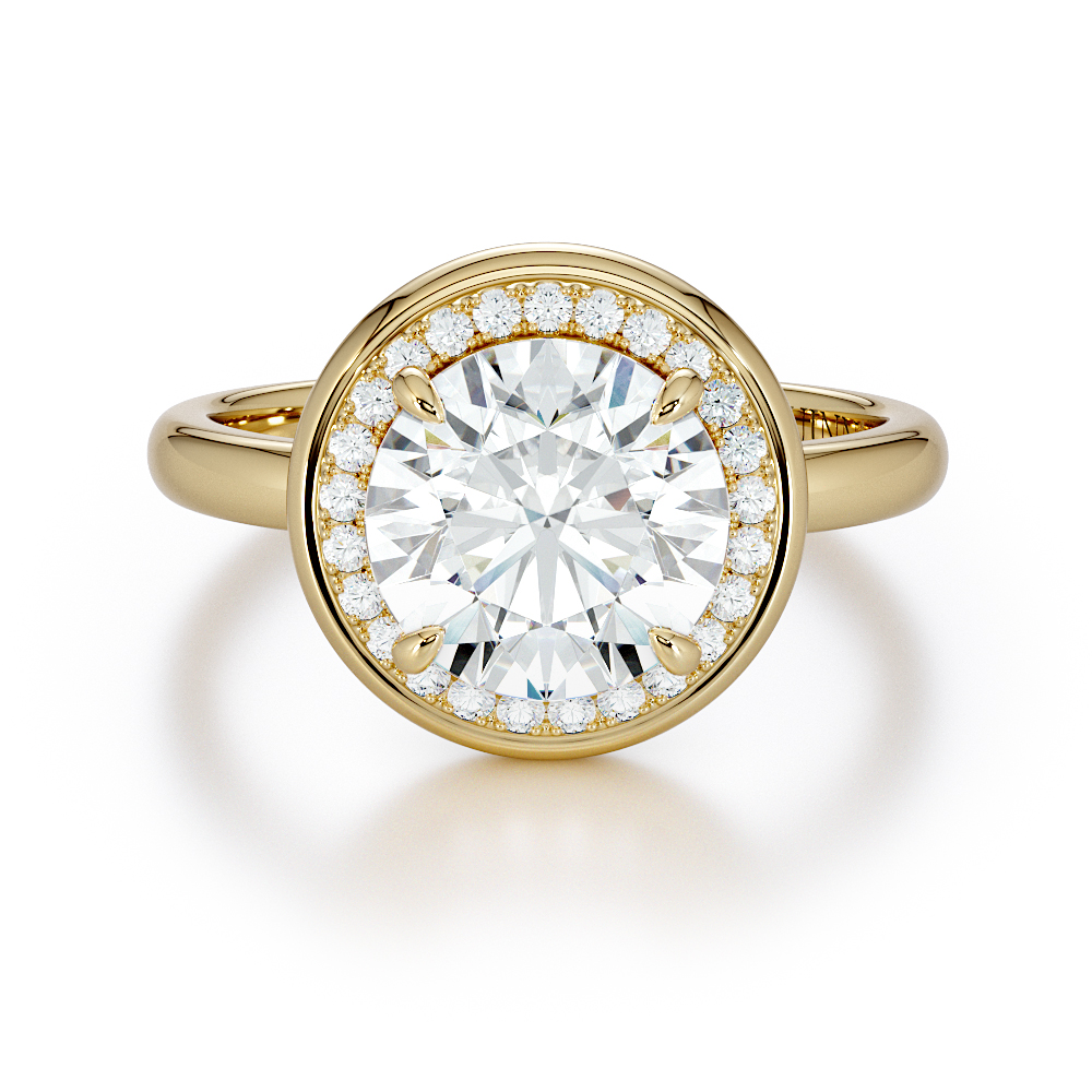 Emerald cut lab-grown diamond engagement ring, Round Full Bezel Solitaire