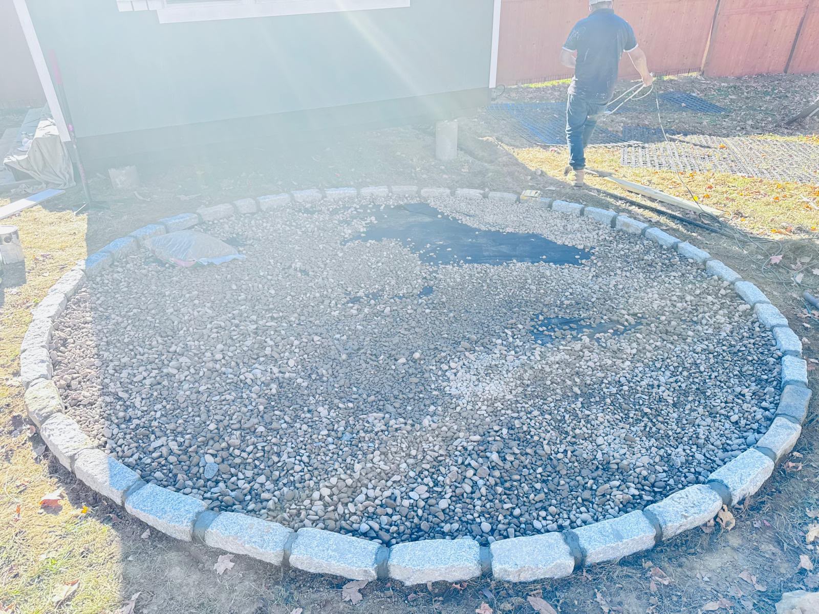 Bluestone walkway layout set with cobblestone border in Mount Kisco