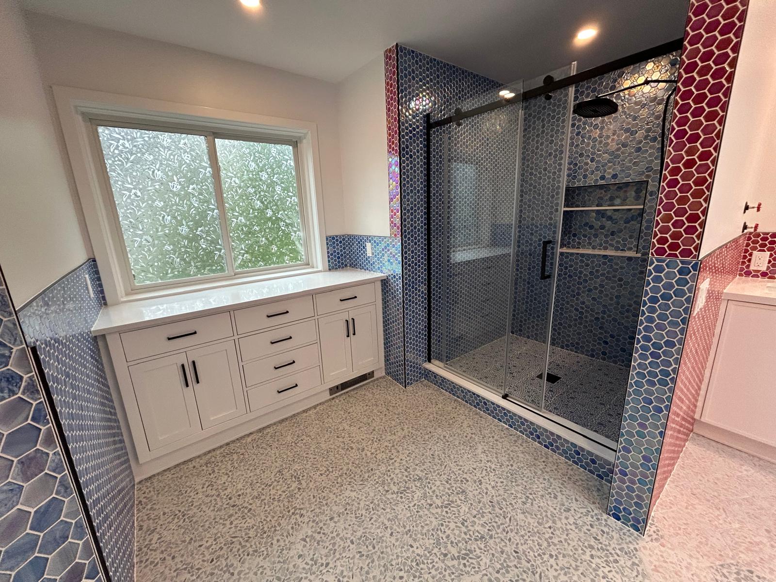 Master bathroom remodel — finished vanity and walk-in shower in Hartsdale