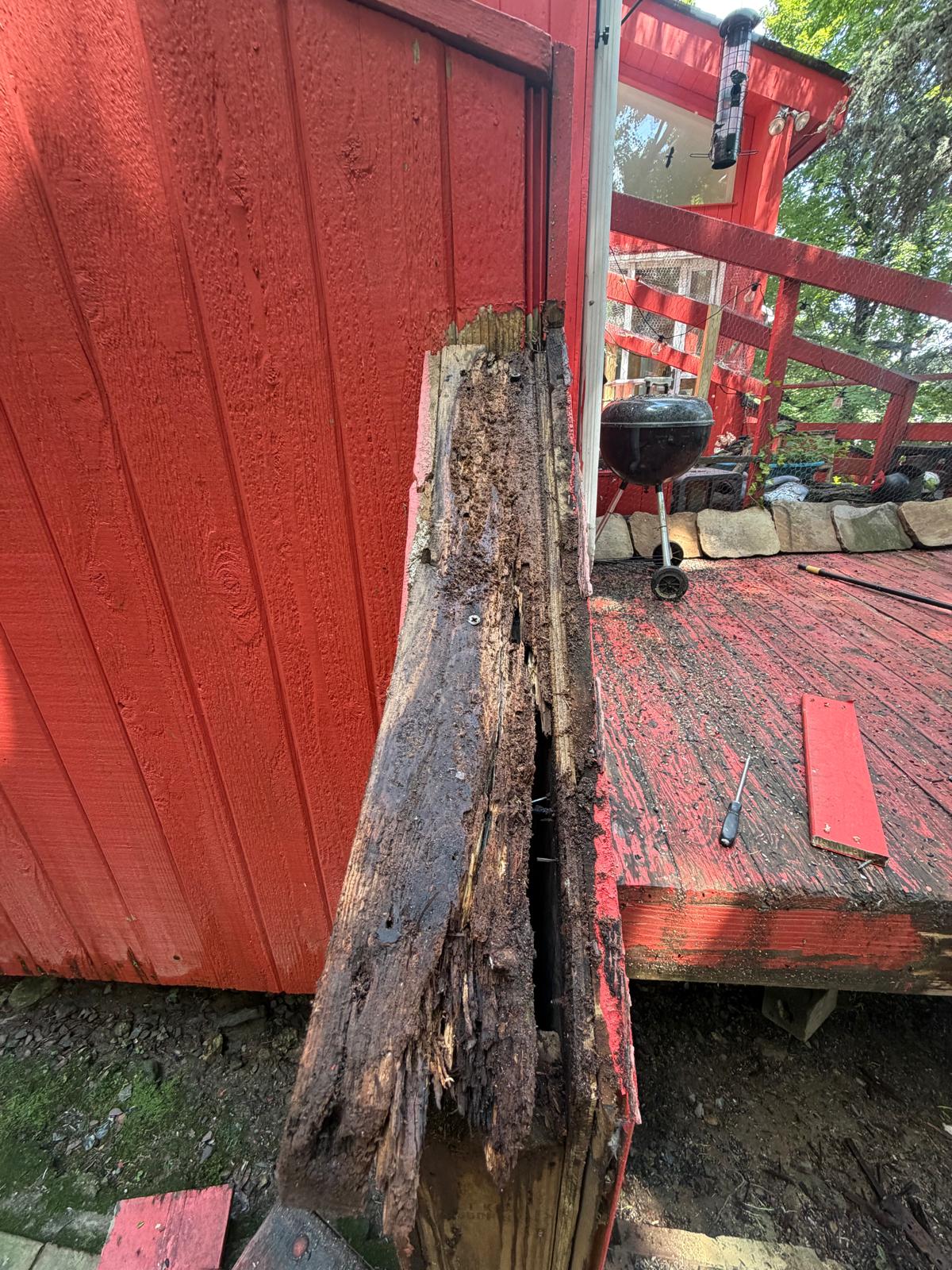 Deck landing post rotted through before the rebuild in Hartsdale