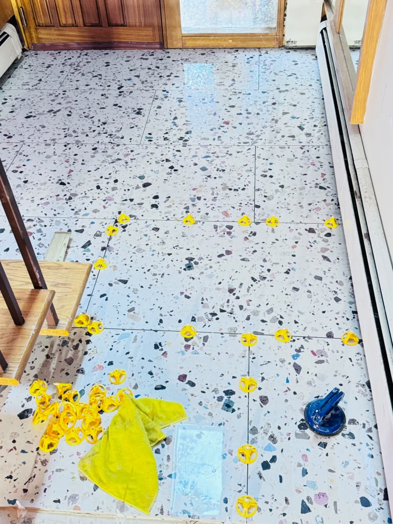 Terrazzo tile floor — running bond field during installation project in Hartsdale