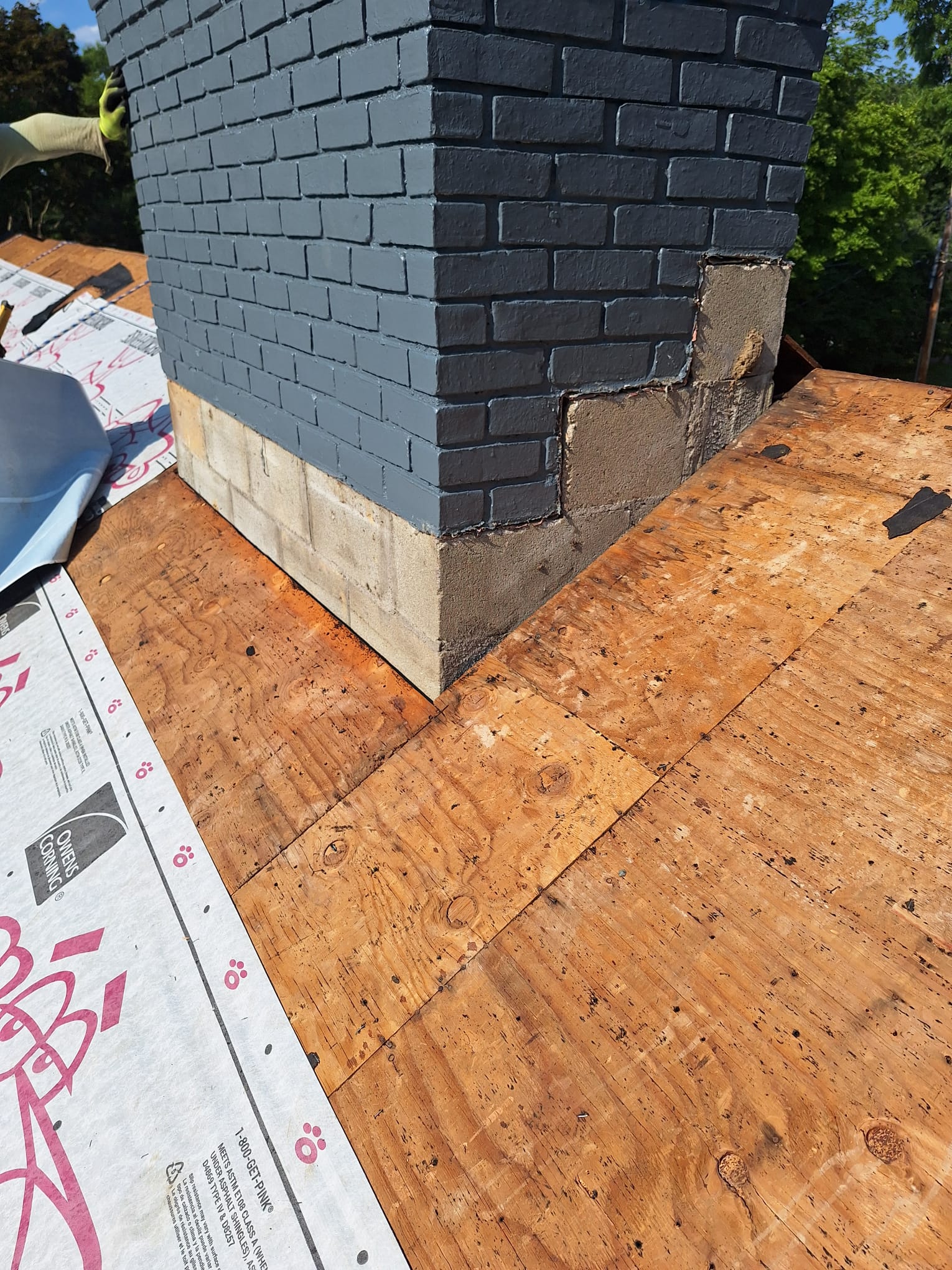 Chimney and roof deck prepared for new shingles in Mount Kisco