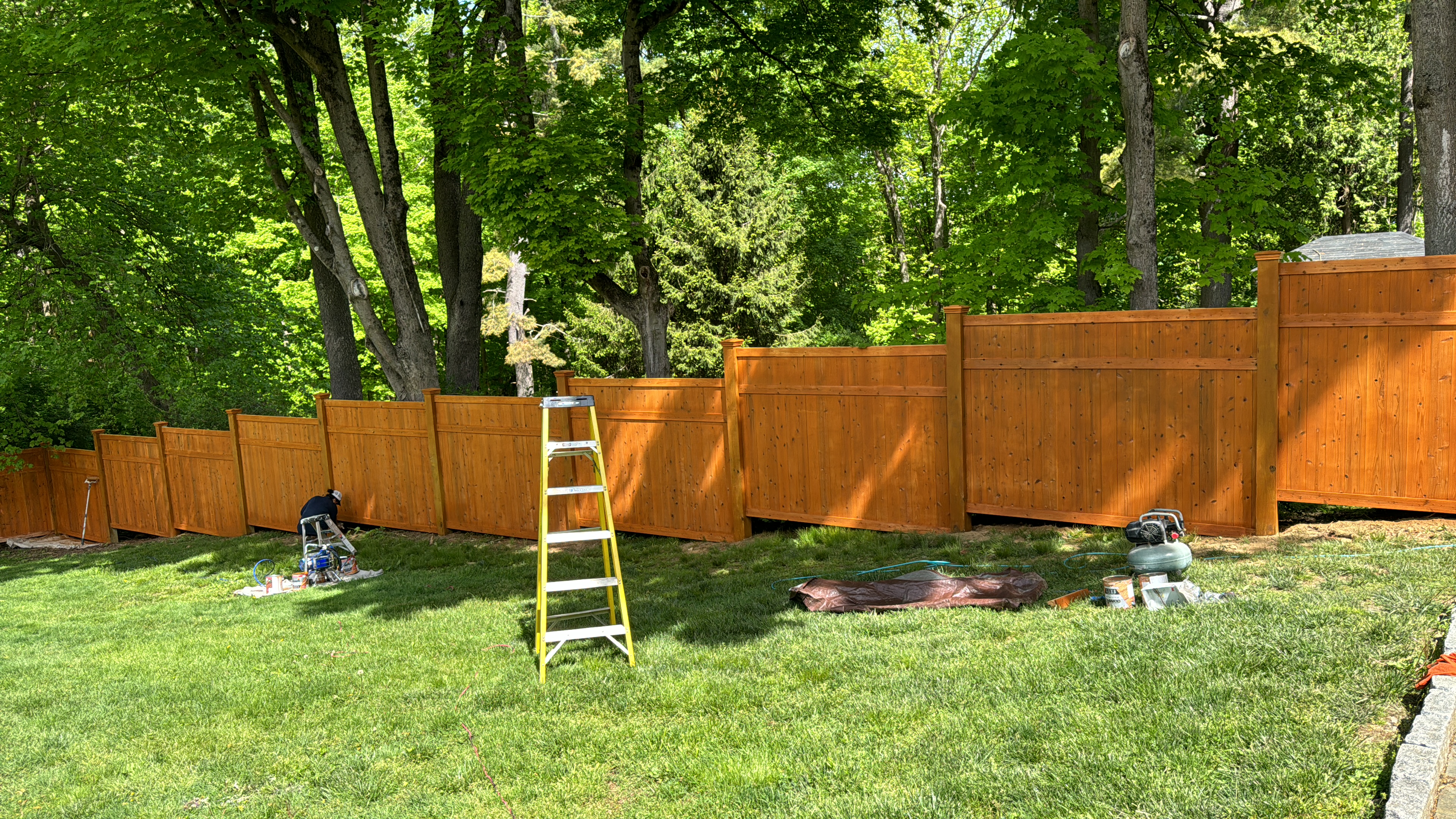 Fence staining with sprayer and ladder in Mount Kisco
