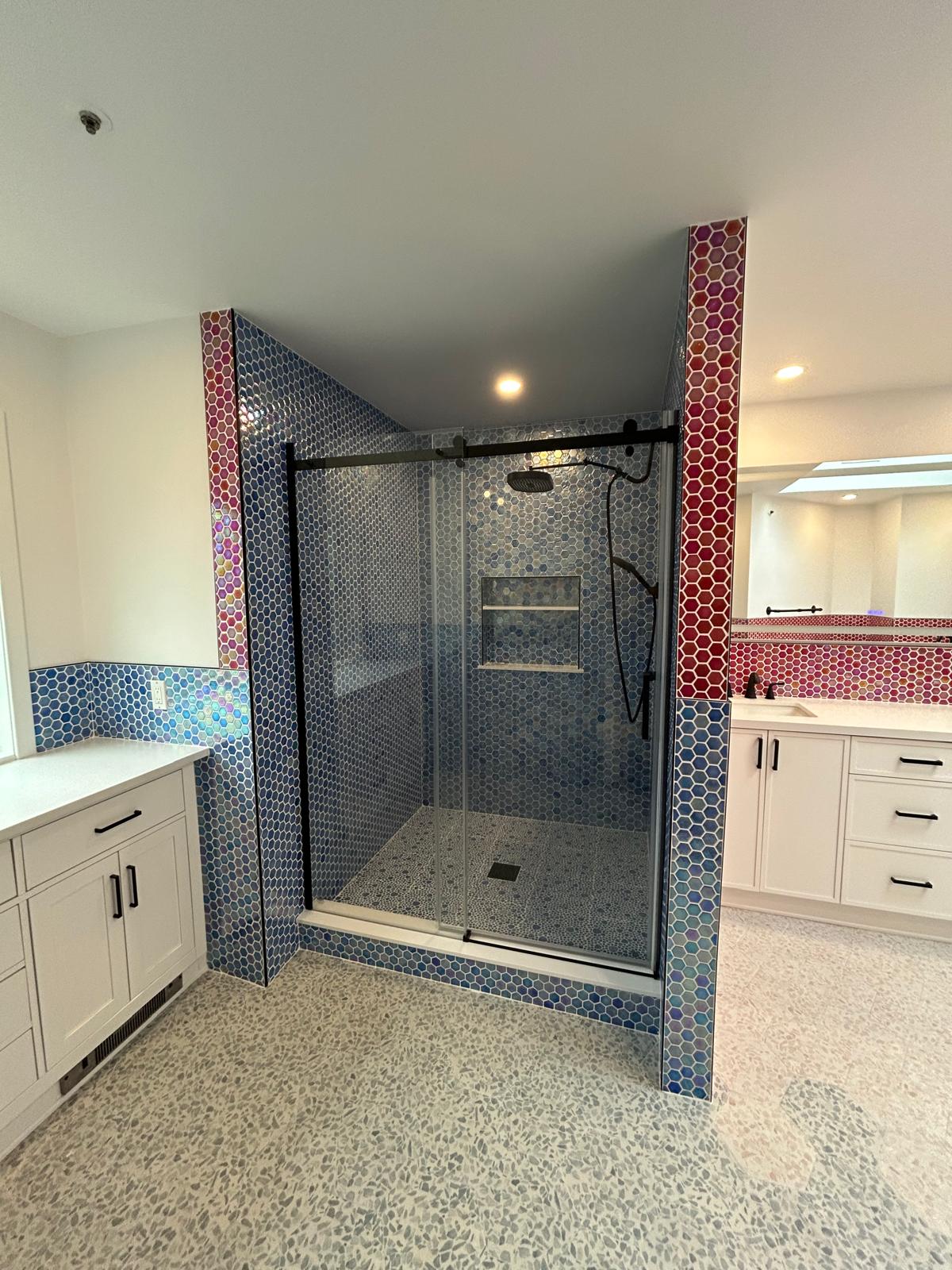Master bathroom remodel — shower enclosure and blue hex tile in Hartsdale