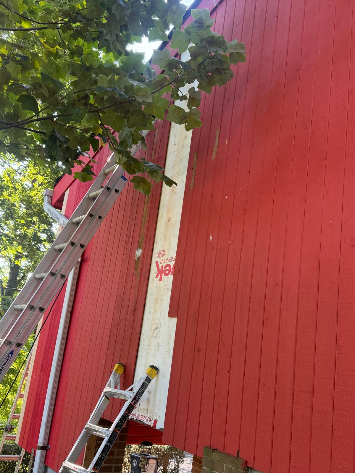 Exterior repair — rotted siding stripped back to the sheathing in Hartsdale