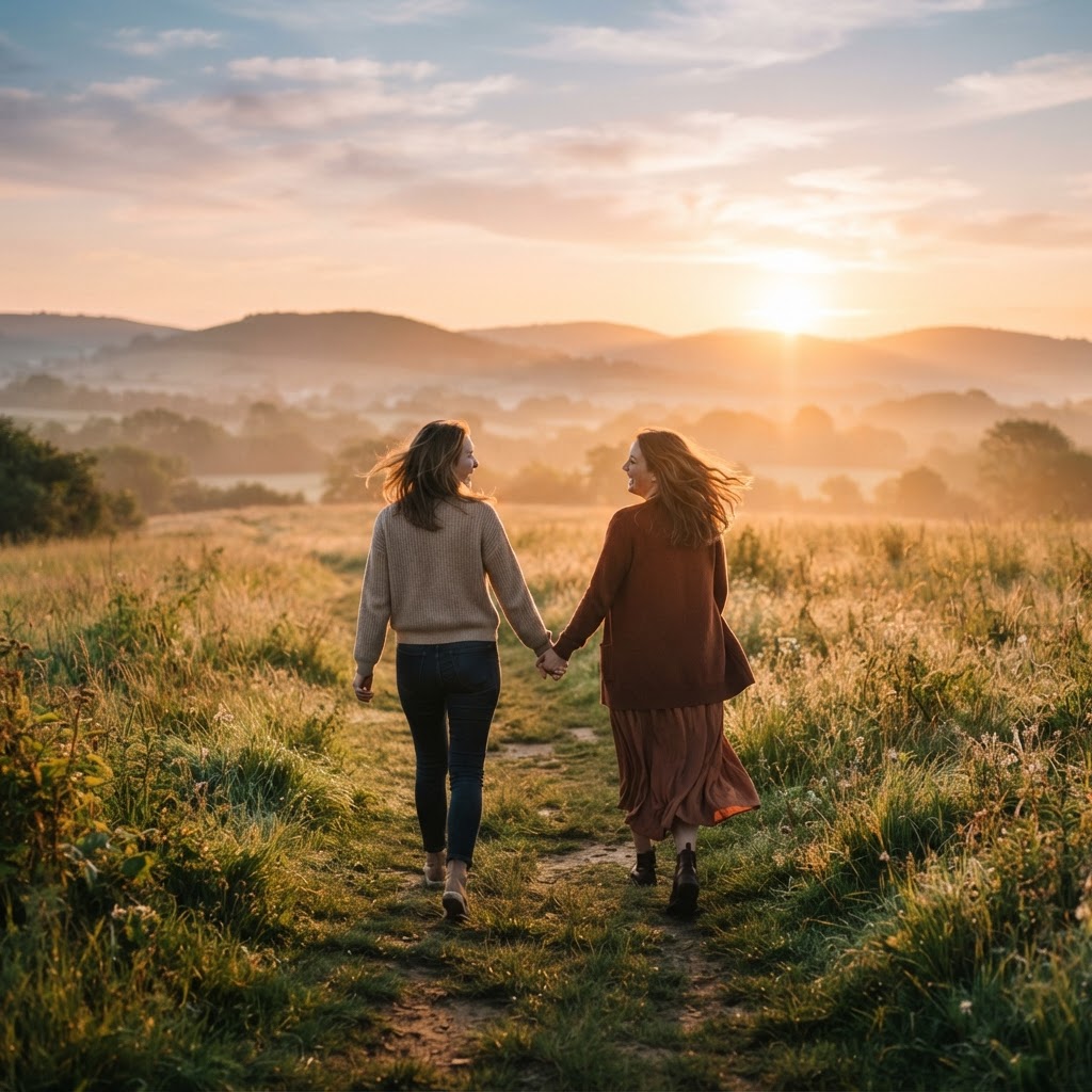 Women walking toward a sunrise