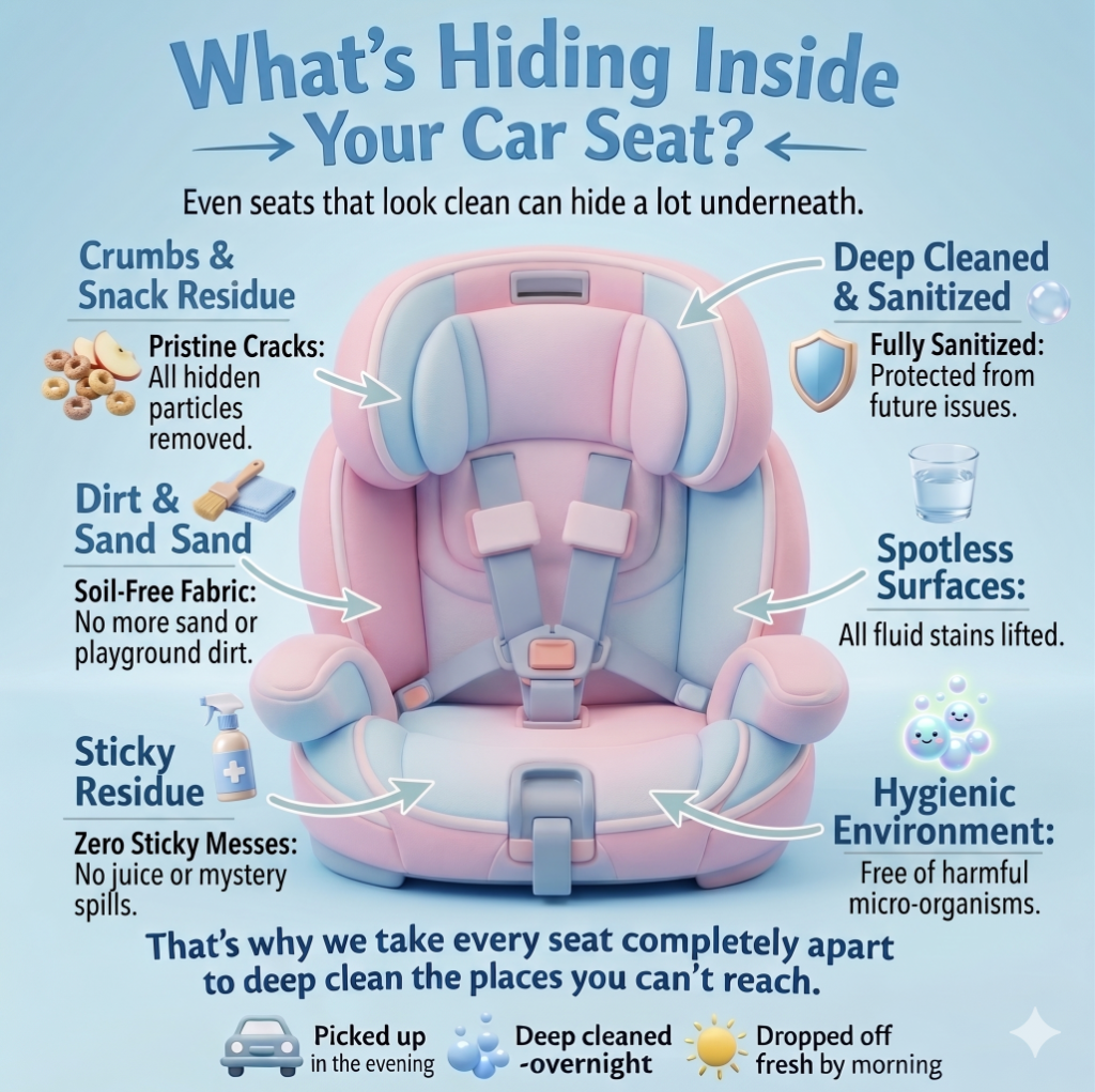 Clean baby car seat after Tiny Seat Spa treatment