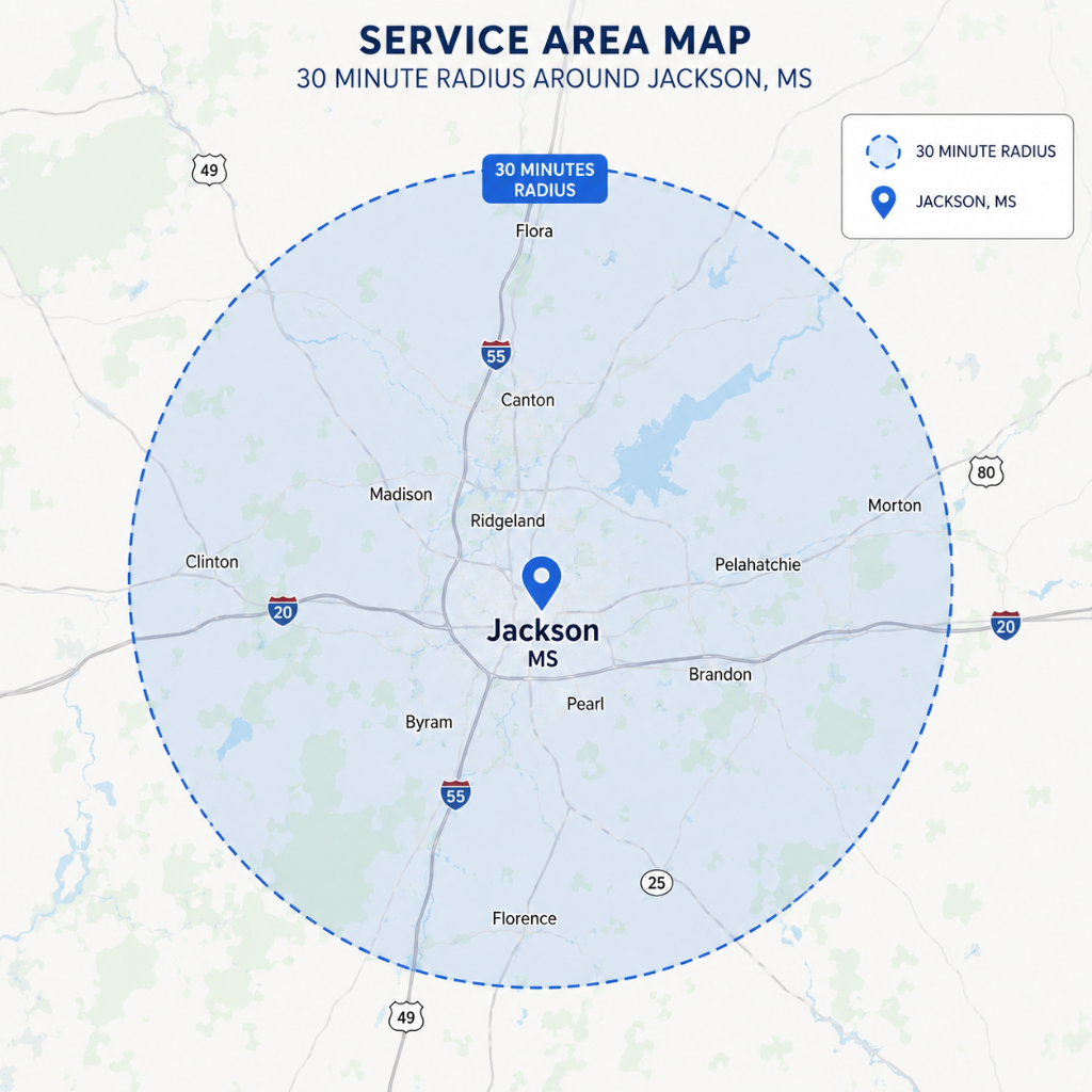 Service area map showing 30-minute radius around Jackson, MS — including Madison, Ridgeland, Brandon, Pearl, Clinton, Byram, Florence, Canton, Flora and surrounding areas