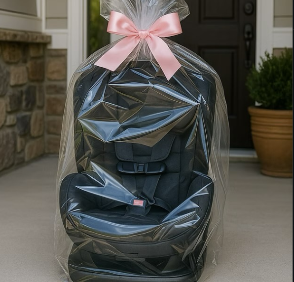 Freshly cleaned baby car seat wrapped with a pink ribbon, delivered to the front door