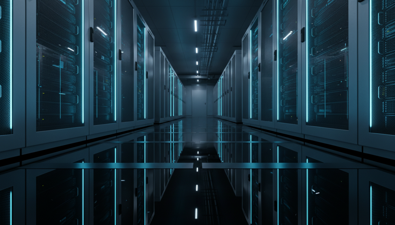Modern server room with blue LED lighting