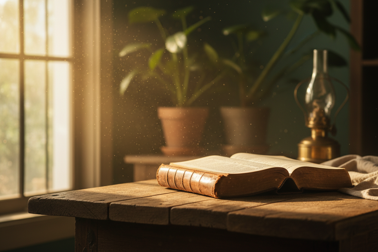 Open Bible in warm morning light