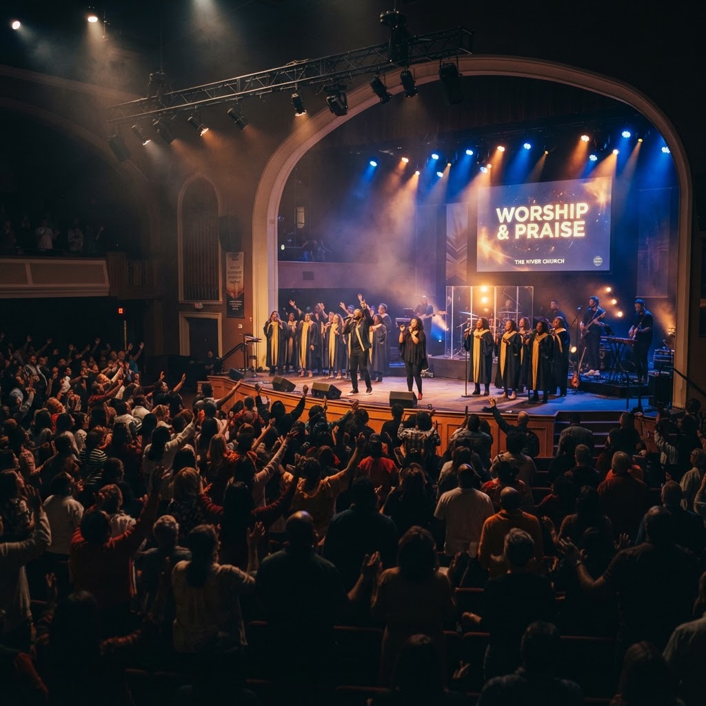 Worship service with choir and band on stage