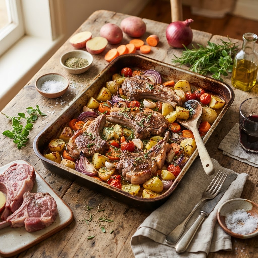 Julie Goodwin’s lamb forequarter chops with vegetables tray bake