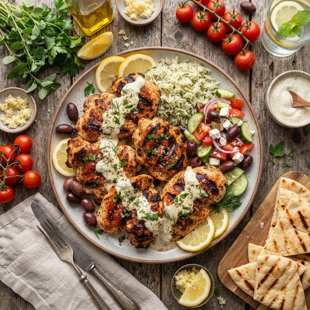 Mediterranean Grilled Chicken with Creamy Garlic Sauce
