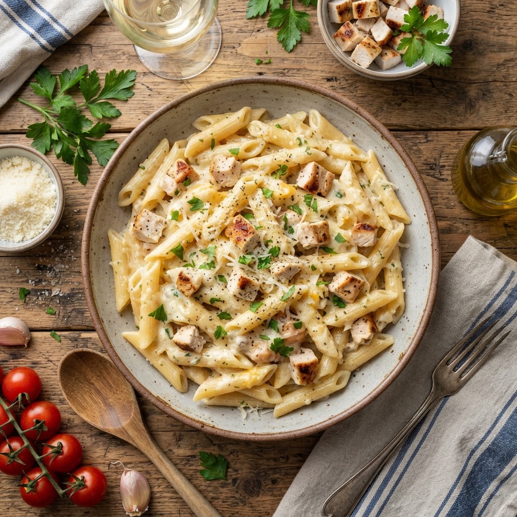 Creamy Chicken Penne with Garlic Butter and Cream Cheese Sauce