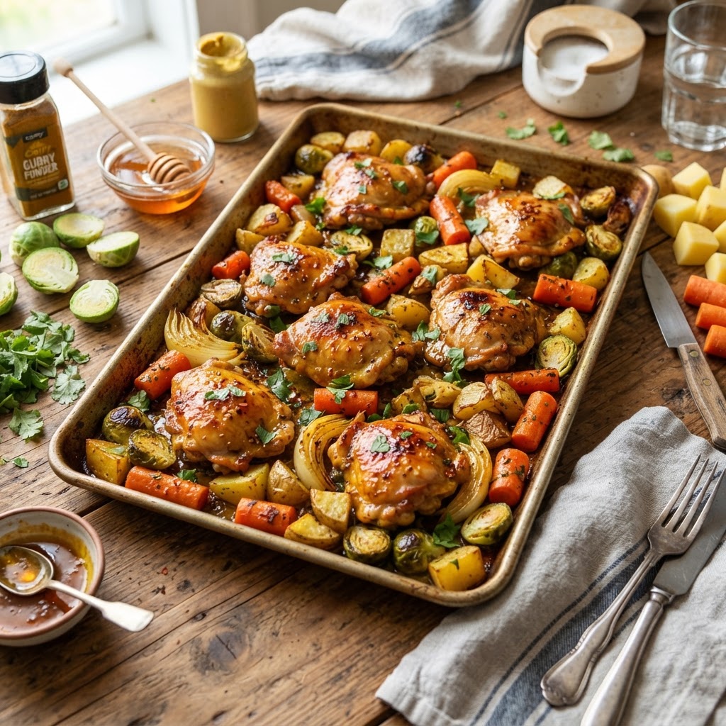 Sheet Pan Kickin’ Curry Honey Mustard Chicken & Veggies