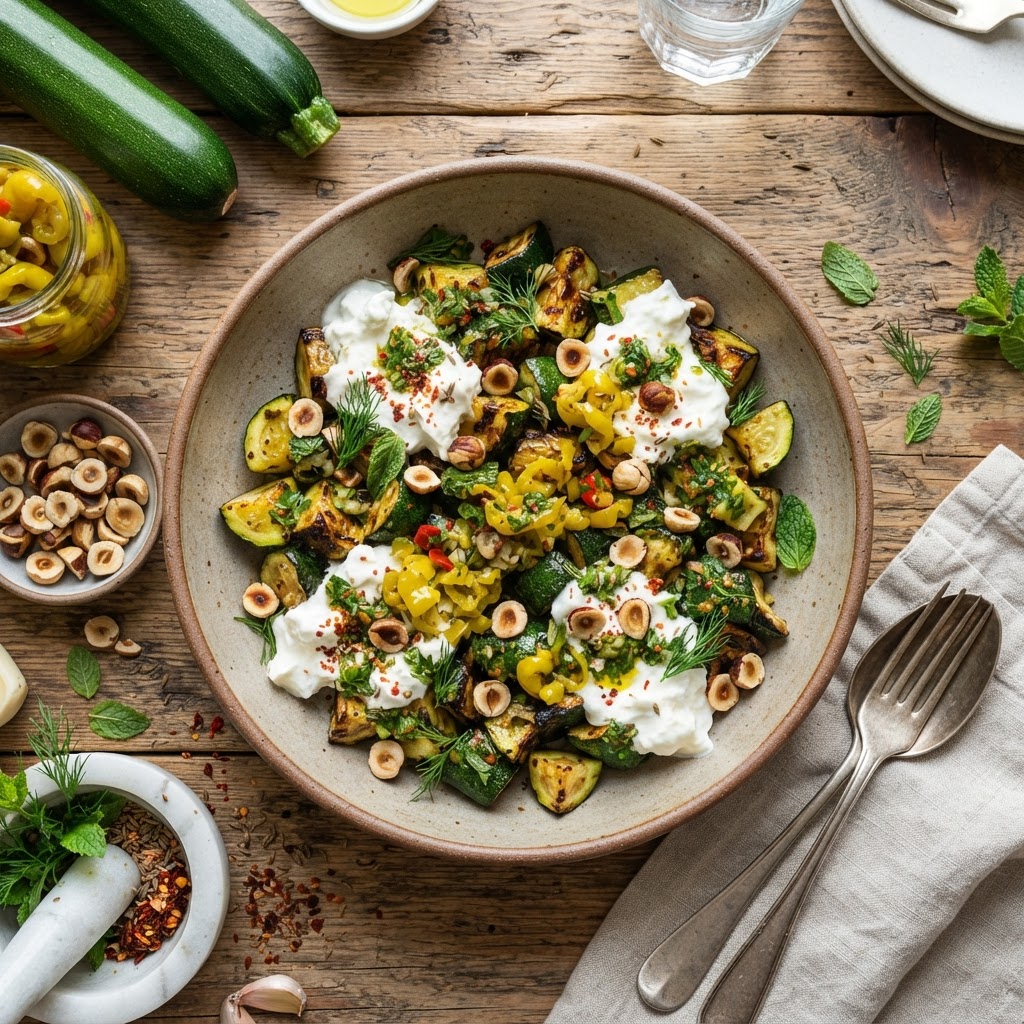 Charred Courgettes with Stracciatella, Chermoula & Toasted Hazelnuts
