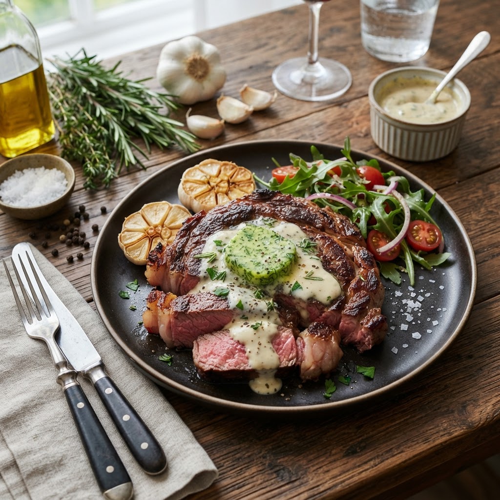 Herb Butter Steak with Creamy Garlic Sauce