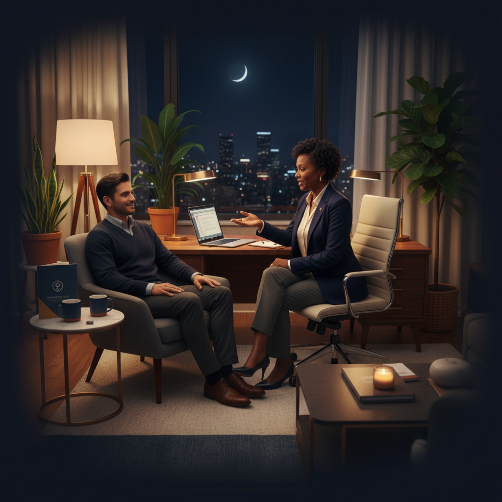 Healthcare professional reviewing referral options with a patient after hours in a warm evening office