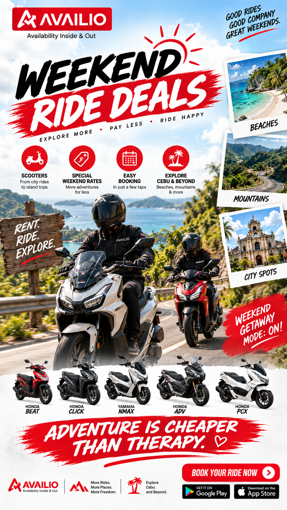 Weekend ride deals — beaches, mountains, city spots.