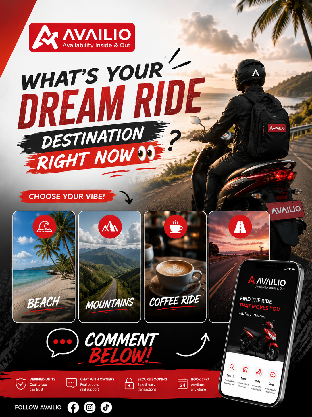 Choose your vibe — beach, mountains, coffee ride, road.