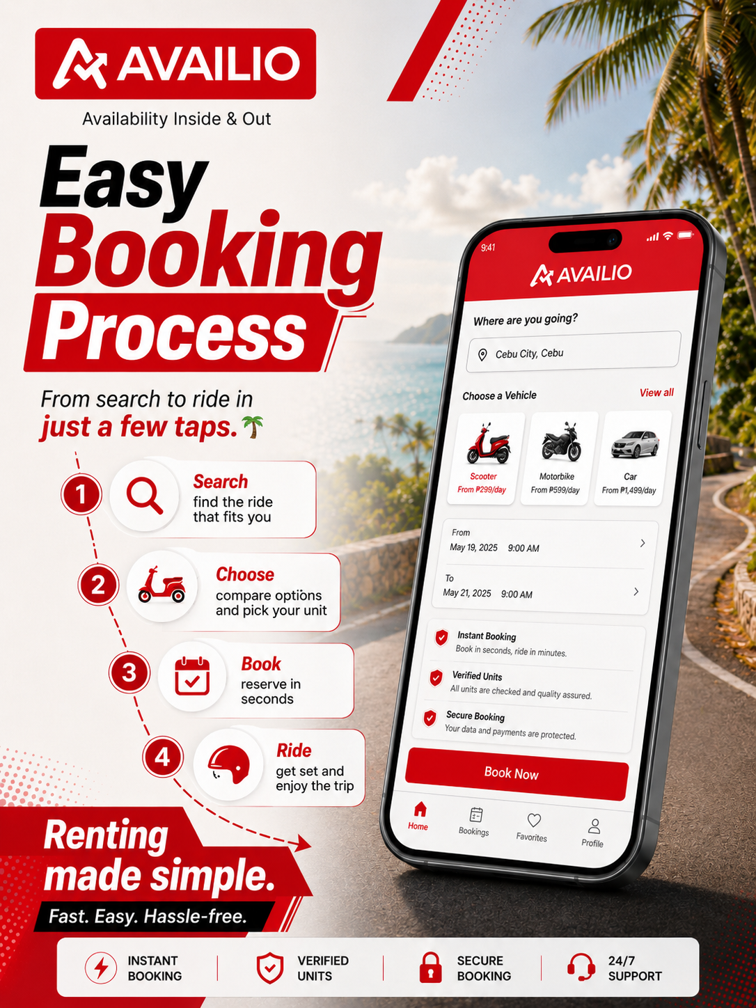 Easy booking process — search, choose, book, ride.