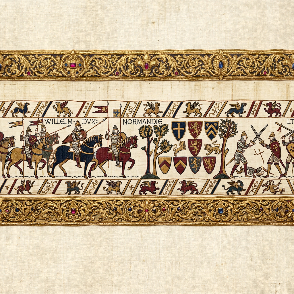 Frise médiévale dorée inspirée de la tapisserie de Bayeux