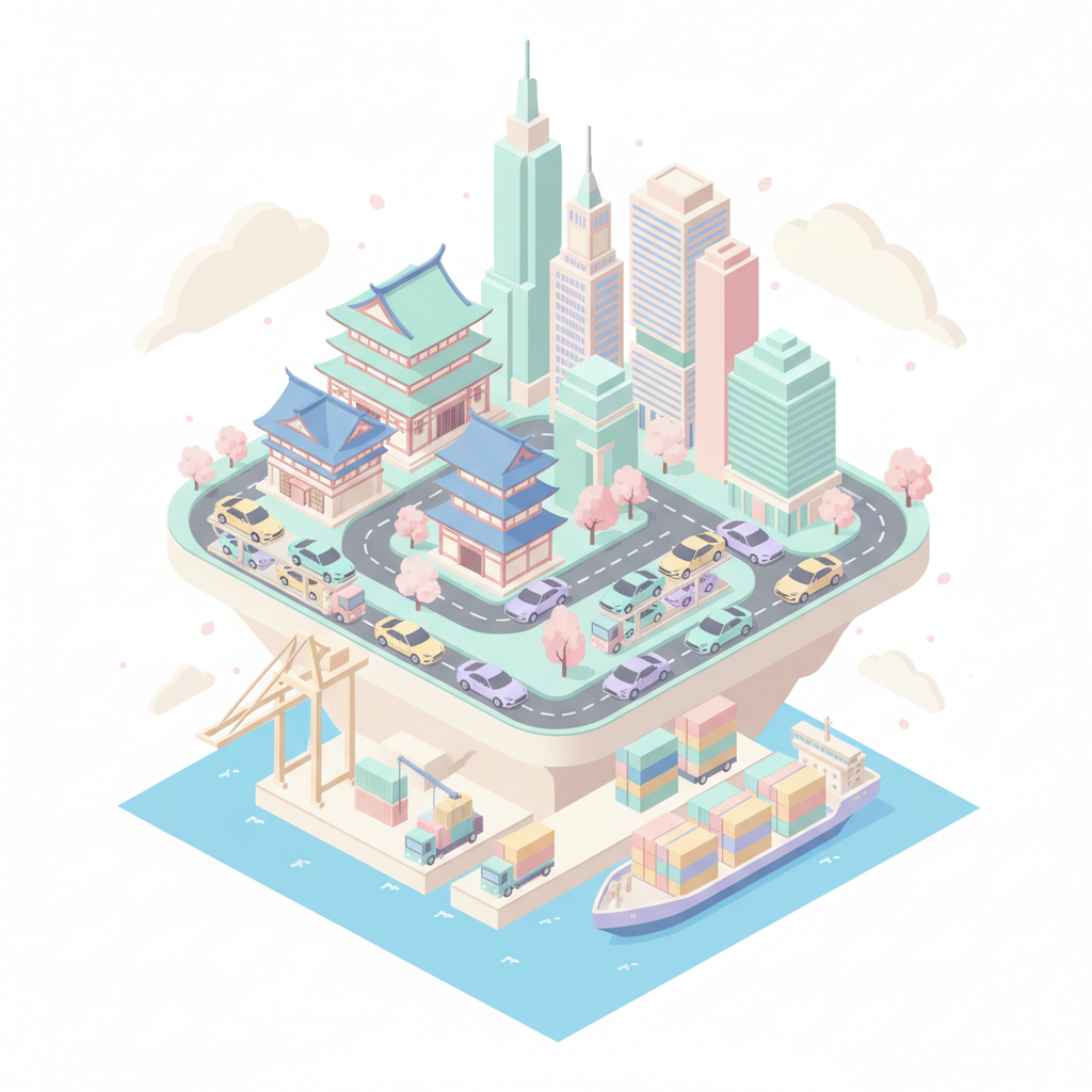 Japanese JDM vehicles and cultural buildings isometric