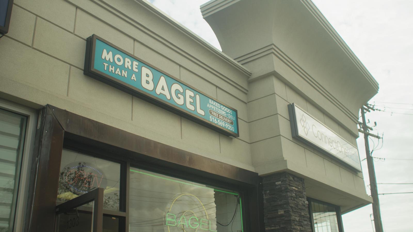 Exterior view of the More Than A Bagel shop storefront used as a filming location for the film Doctored