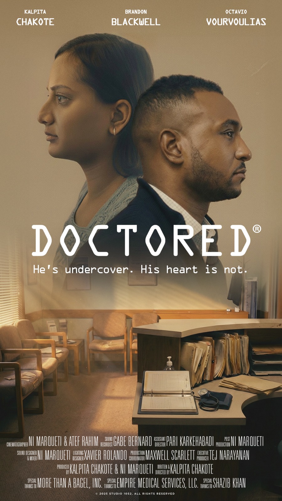 Promotional poster for the film Doctored featuring Kalpita Chakote, Brandon Blackwell, and Octavio Vourvoulias