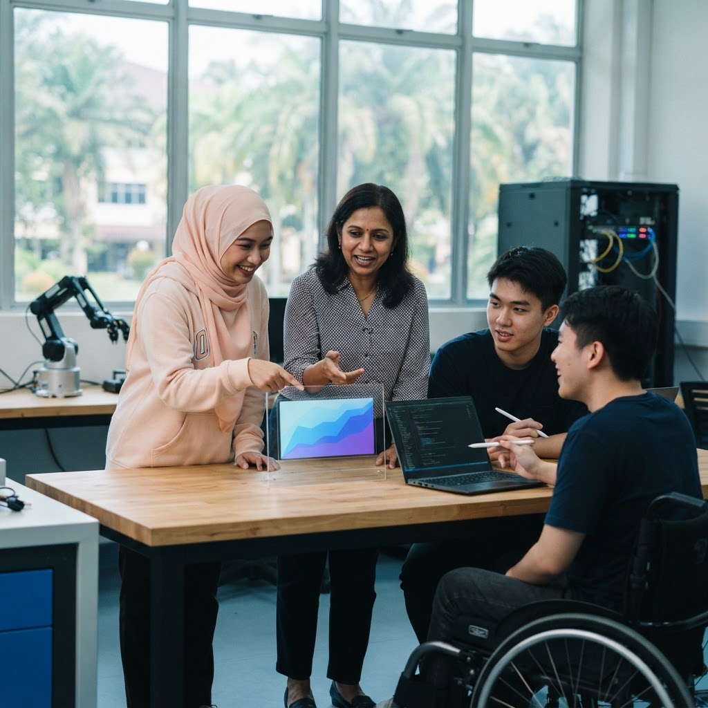 Diverse Malaysian students and a lecturer training machine learning models in a university AI lab