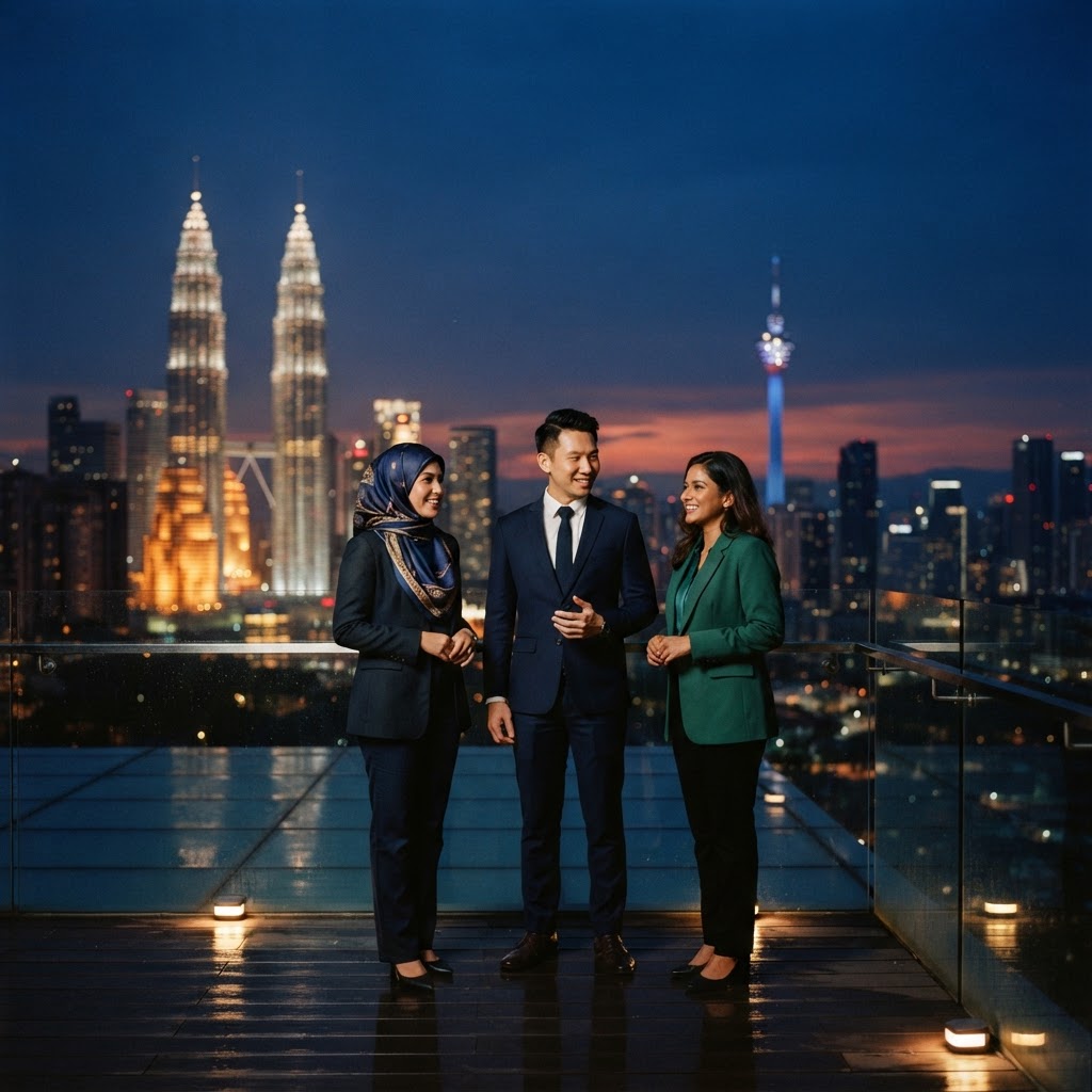 Malaysian professionals against the Kuala Lumpur skyline