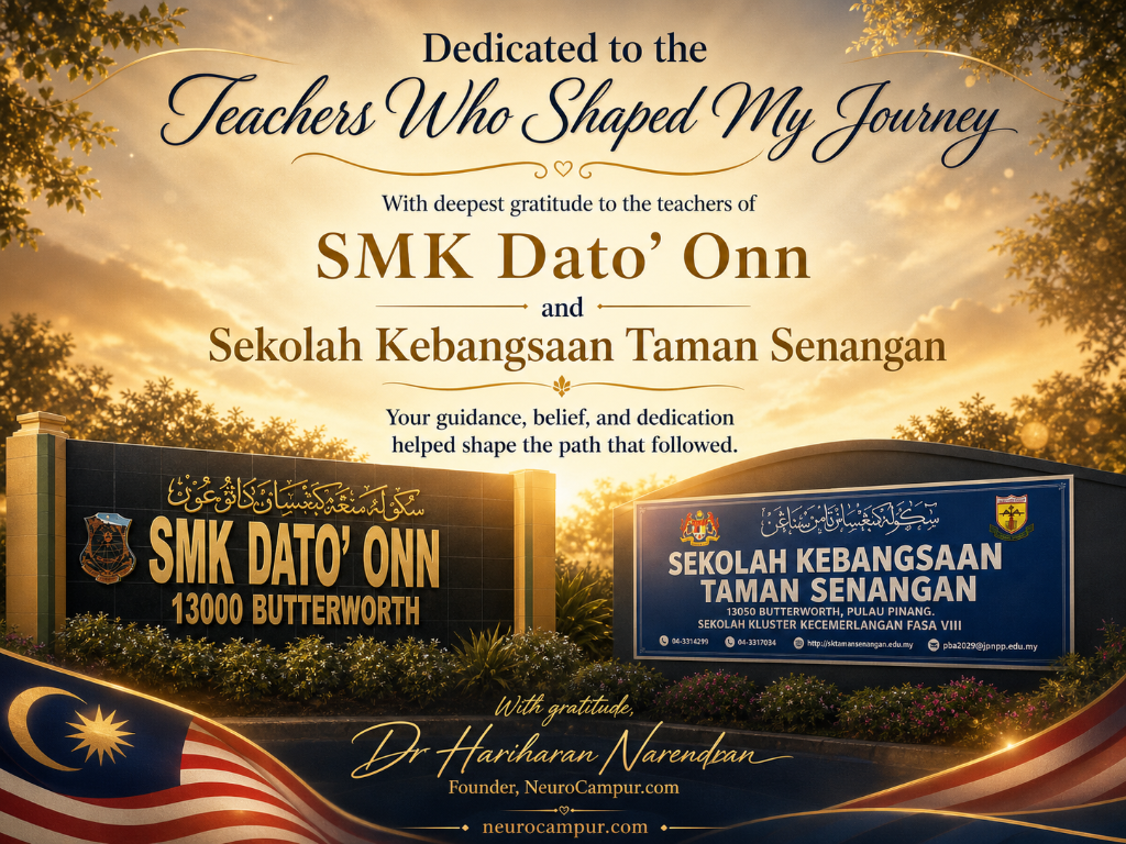 A heartfelt dedication to the teachers of SMK Dato' Onn and Sekolah Kebangsaan Taman Senangan, the schools that shaped the founder's journey.