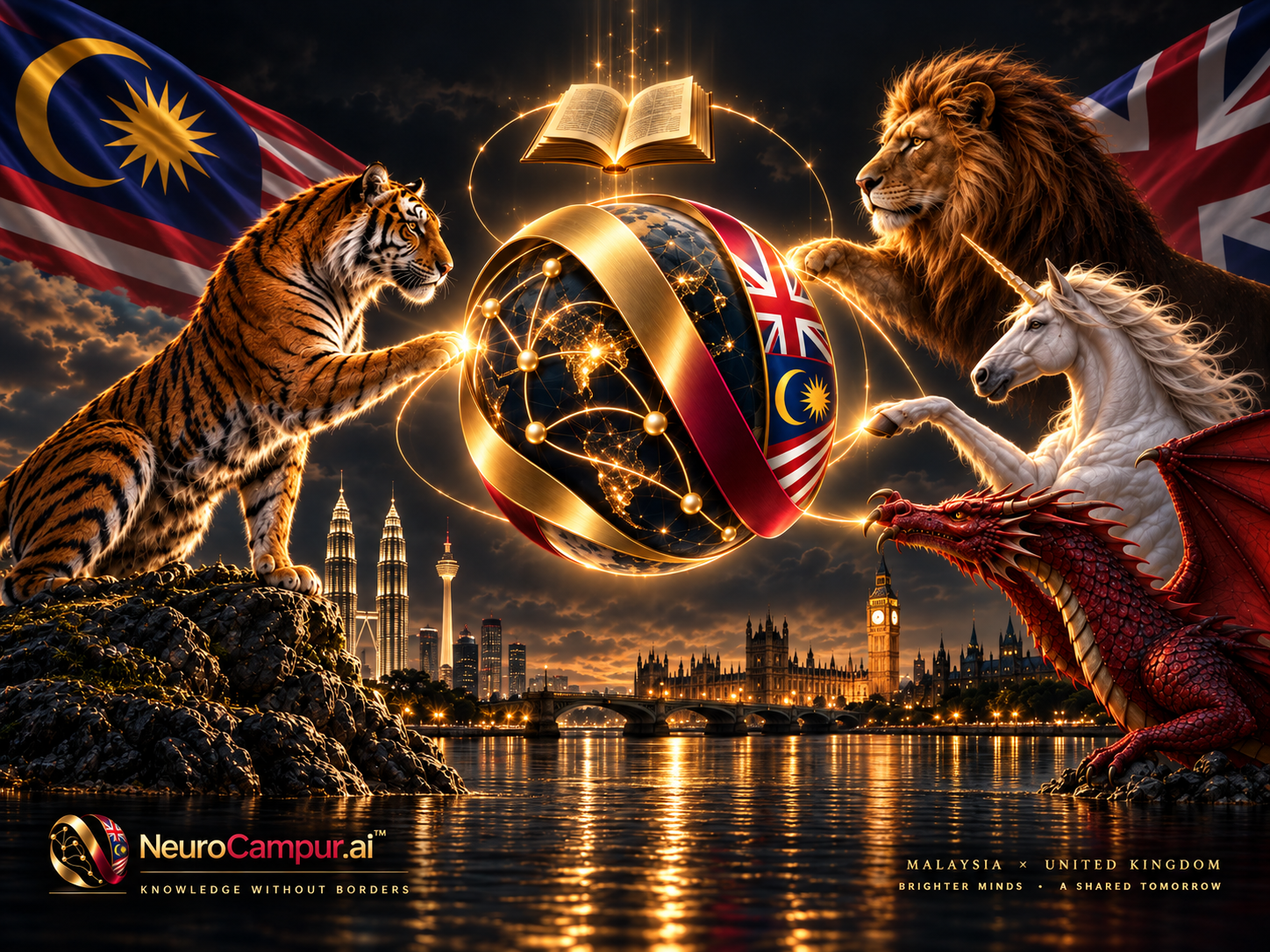 NeuroCampur’s global knowledge exchange: a Malayan tiger, English lion, Scottish unicorn and Welsh red dragon surround an illuminated globe and infinity ribbon, with an open book, Malaysian and British flags, Kuala Lumpur and Westminster reflected in the water.