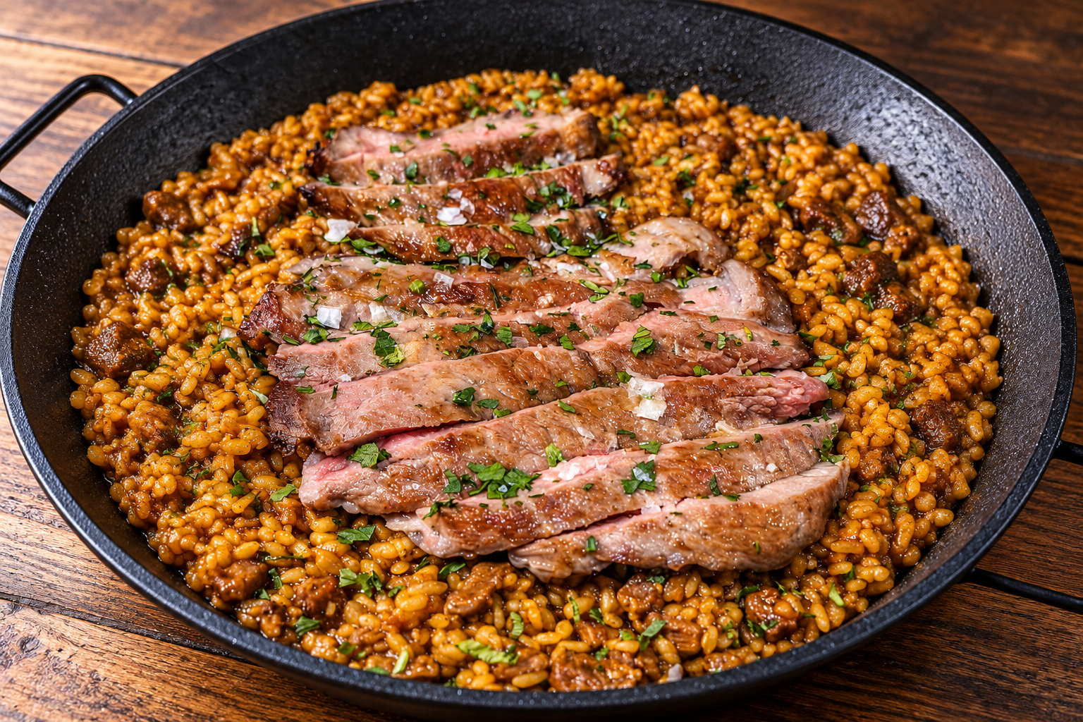 Solomillo a la brasa sobre arroz