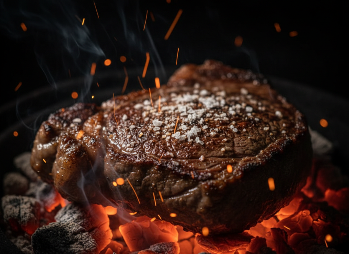 Chuletón sobre brasa de encina con chispas y humo