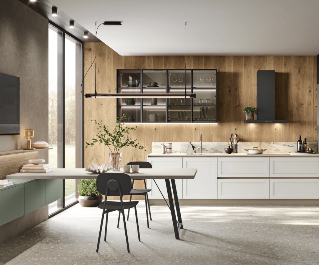 Contemporary kitchen with shaker cabinets and marble worktop