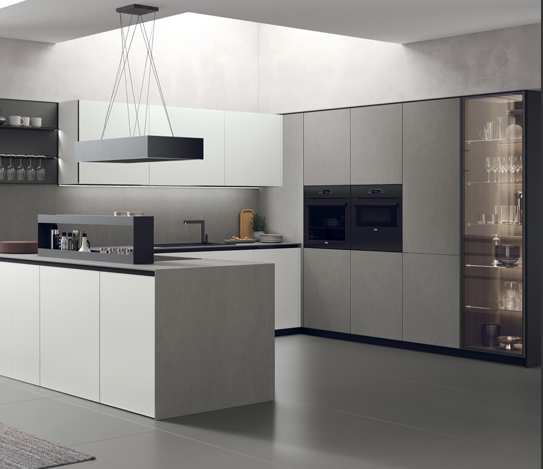 Modern minimalist kitchen with concrete grey cabinetry