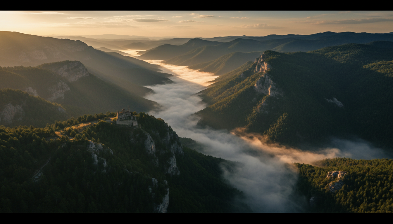 Misty Balkan mountain peaks at golden hour