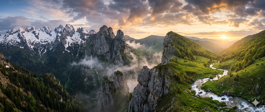 Panoramic Balkan mountain landscape at golden sunset with mist-draped peaks and alpine river