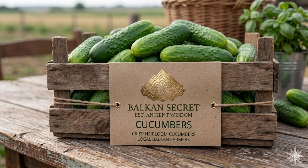 Fresh Balkan Secret heirloom garden produce on a rustic wooden surface