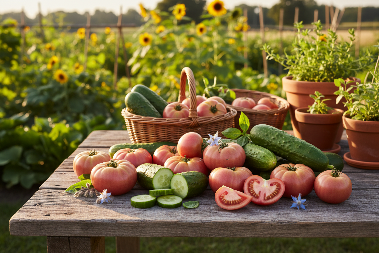 Heirloom tomatoes and cucumbers on a rustic wooden table in a sun-drenched garden