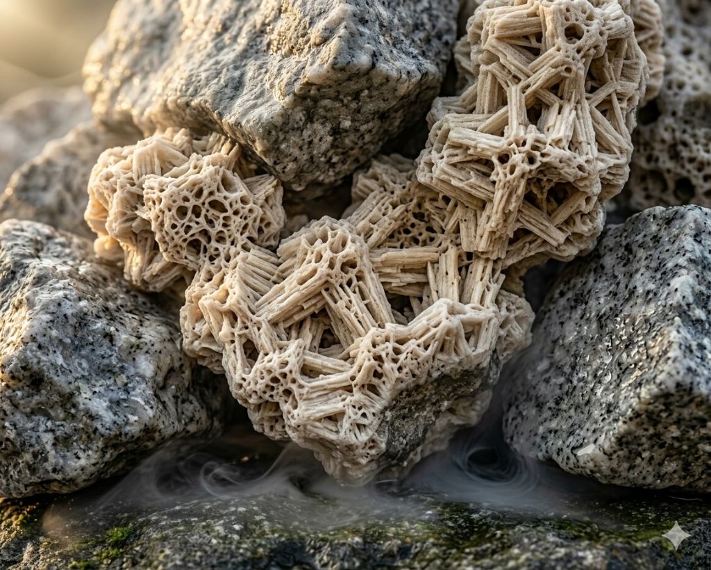 Volcanic zeolite crystalline mineral formation from the Rhodope mountains with misty steam