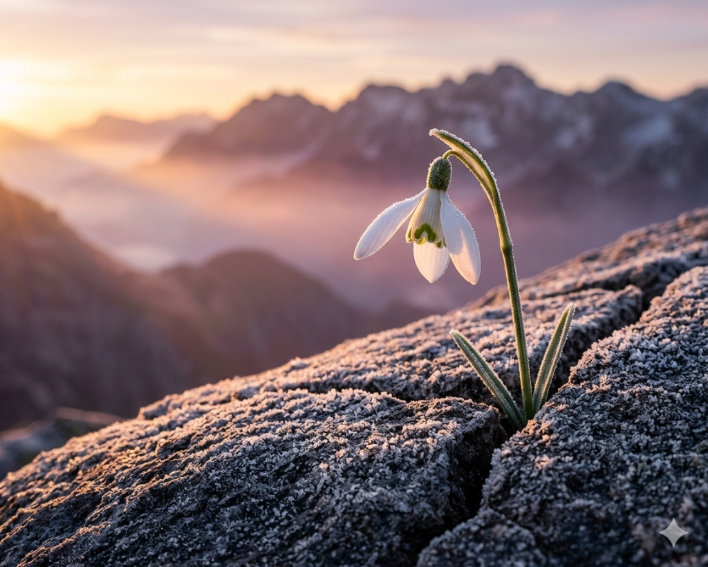 Alpine snowdrop growing through frozen rock at high altitude in the Balkan mountains