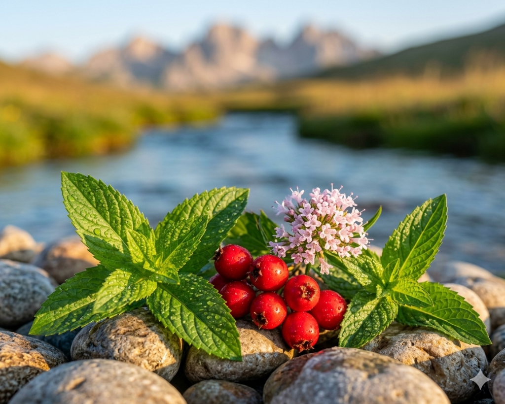 Mint, hawthorn berries and valerian flowers on river stones in a Thracian valley