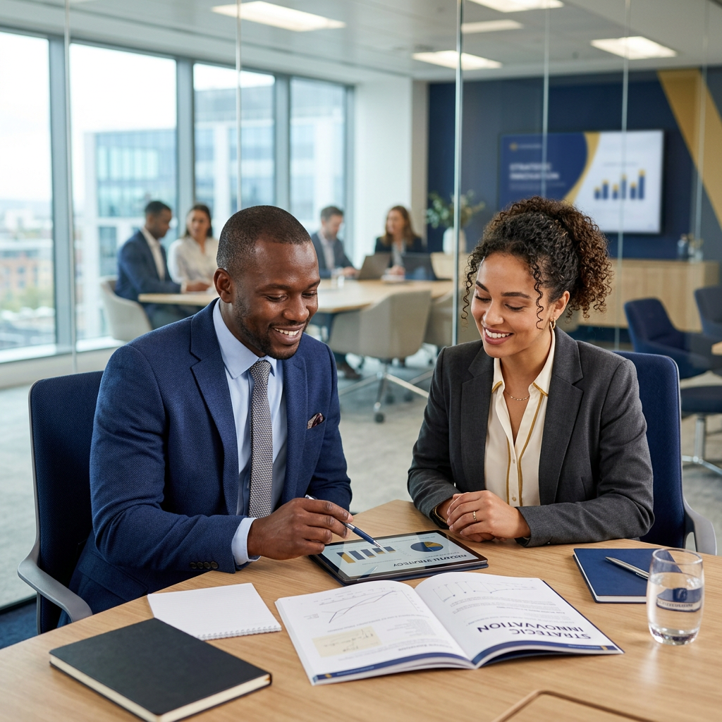 Corporate learning professionals — male and female colleagues in a training session