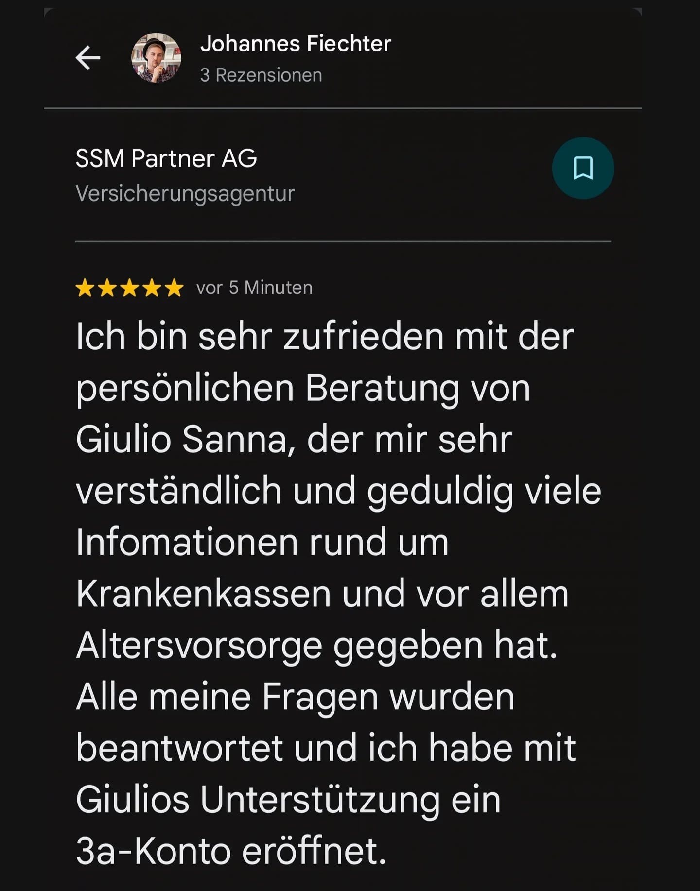 Google Bewertung 20 für Giulio Sanna